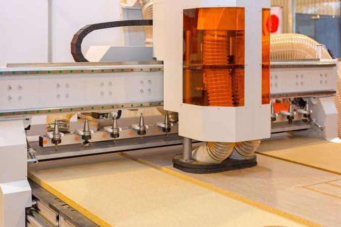 Une grande machine industrielle équipée d'une défonceuse à bois usine des panneaux en atelier.